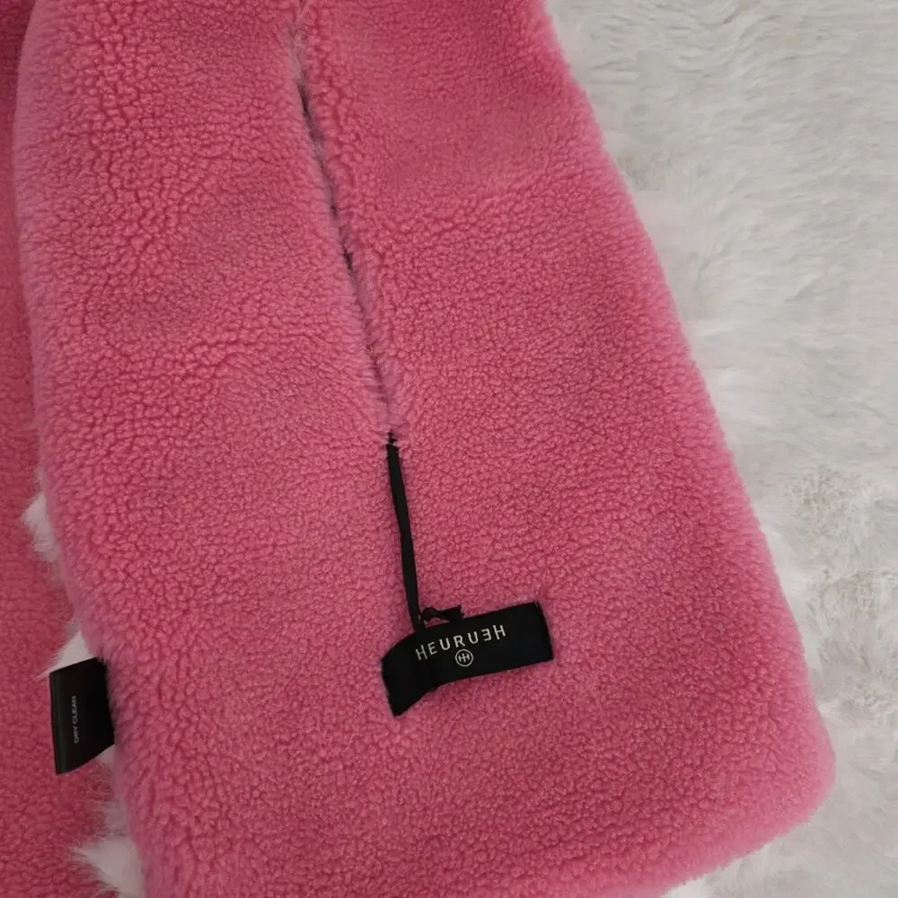 HEURUEH Faux Fur Hybrid Pull Through Scarf Pink Cream Fleece Luxe Winter OS